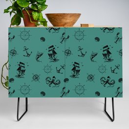 Green Blue And Black Silhouettes Of Vintage Nautical Pattern Credenza