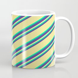 [ Thumbnail: Dark Slate Blue, Tan, and Green Colored Striped Pattern Coffee Mug ]