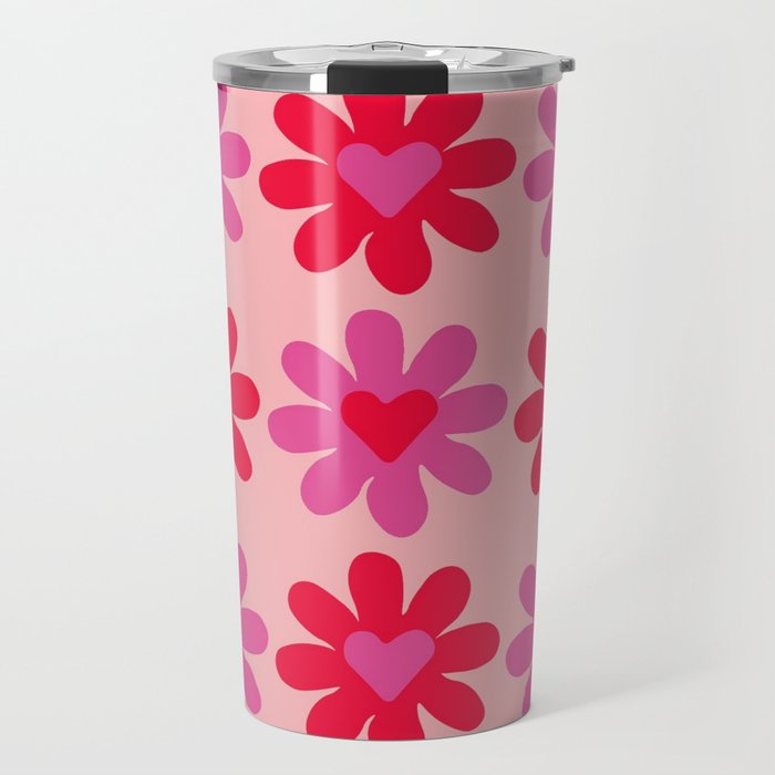 Pink and Red Retro Flowers with Hearts Pattern, Indie Decor - Preppy Aesthetic Travel Mug