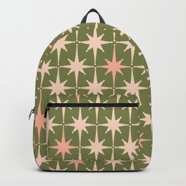 Midcentury Modern Atomic Starburst Pattern in Retro Olive Green and Vintage Blush Pink Backpack