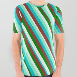[ Thumbnail: Eyecatching Aquamarine, Dark Turquoise, Brown, Green, and Mint Cream Colored Pattern of Stripes All Over Graphic Tee ]