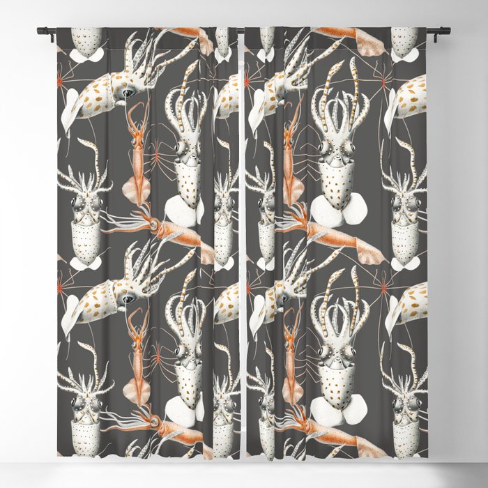 Grey Orange Octopus Calamaris Blackout Curtain