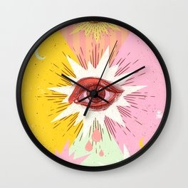 ALL EYES Wall Clock | Textile, Eye, Surreal, Striped, Vintage, Weird, Stars, Pattern, Collage, Psychedelic 