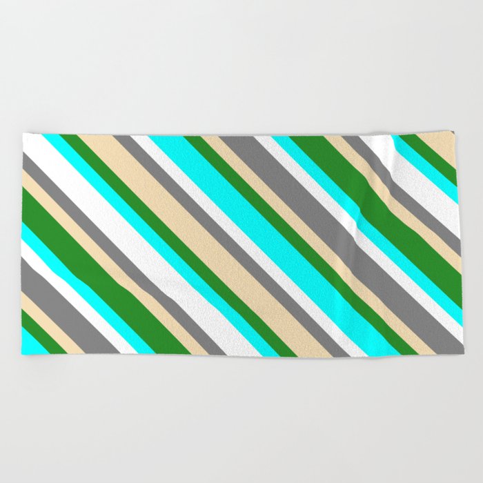 Colorful Grey, Tan, Forest Green, Aqua & White Colored Pattern of Stripes Beach Towel