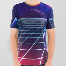 Neon sunset, mountains and sphere All Over Graphic Tee