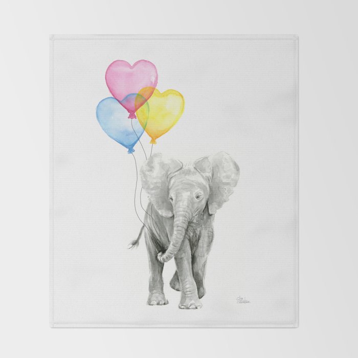 Elephant Watercolor With Balloons Rainbow Hearts Baby Animal Nursery Elephant Watercolor With Balloons Rainbow Hearts Baby Animal Nursery Prints Throw Blanket