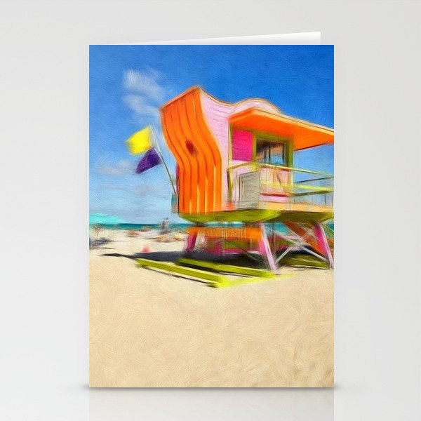 Miami Beach - South Beach lifeguard house art deco beach pavilion portrait painting modern art Stationery Cards