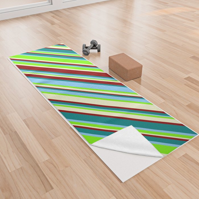 Light Sky Blue, Green, Light Yellow, Dark Red, and Teal Colored Lined/Striped Pattern Yoga Towel