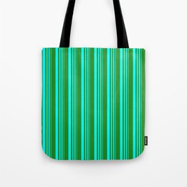 [ Thumbnail: Cyan and Forest Green Colored Stripes Pattern Tote Bag ]