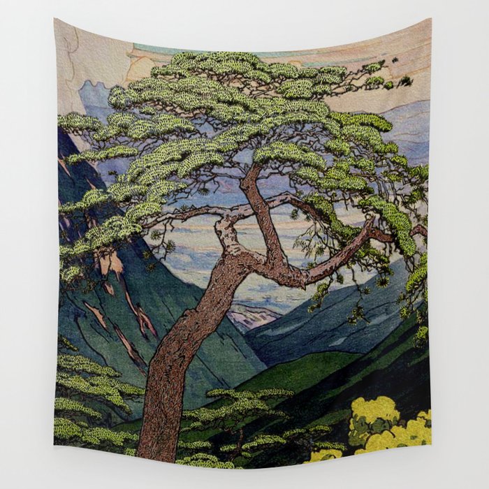 The Downwards Climbing - Summer Tree & Mountain Ukiyoe Nature Landscape in Green Wandbehang | Gemälde, Digital, Vintage, Illustration, Baum, Berge, Green, Rosa, Gelb, Clouds