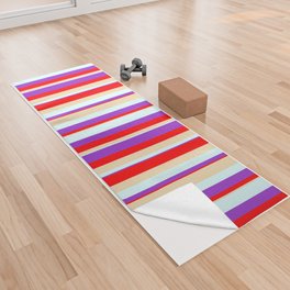 [ Thumbnail: Red, Dark Orchid, Light Cyan, and Tan Colored Stripes Pattern Yoga Towel ]