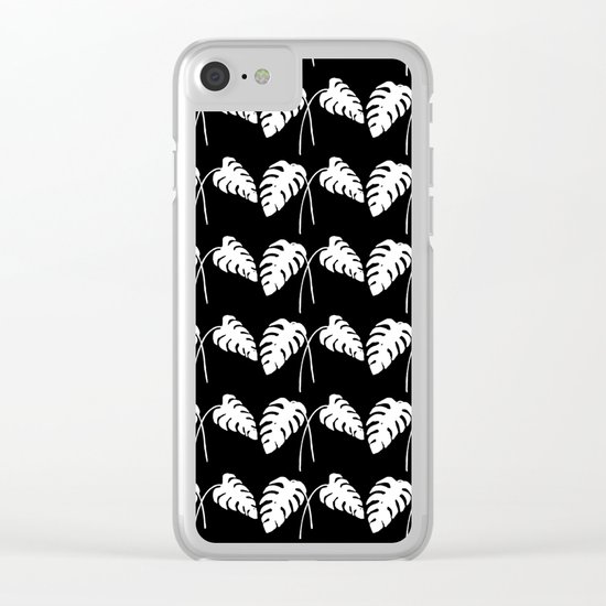 Tropical Monstera Leaves White on Black Clear iPhone Case