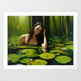 Folklore May Queen Sprite rising from the lily pads of enchanted forest nature still life female portrait painting Art Print