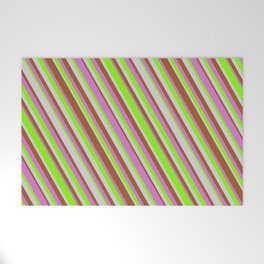 [ Thumbnail: Sienna, Orchid, Green & Light Gray Colored Stripes Pattern Welcome Mat ]
