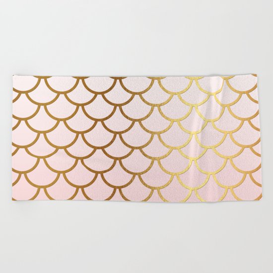 Pink Gradient and Gold Foil MermaidScales - Mermaid Scales on #Society6 Beach Towel