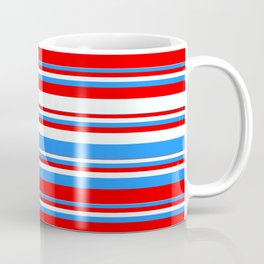 [ Thumbnail: Blue, Red & Mint Cream Colored Stripes Pattern Coffee Mug ]