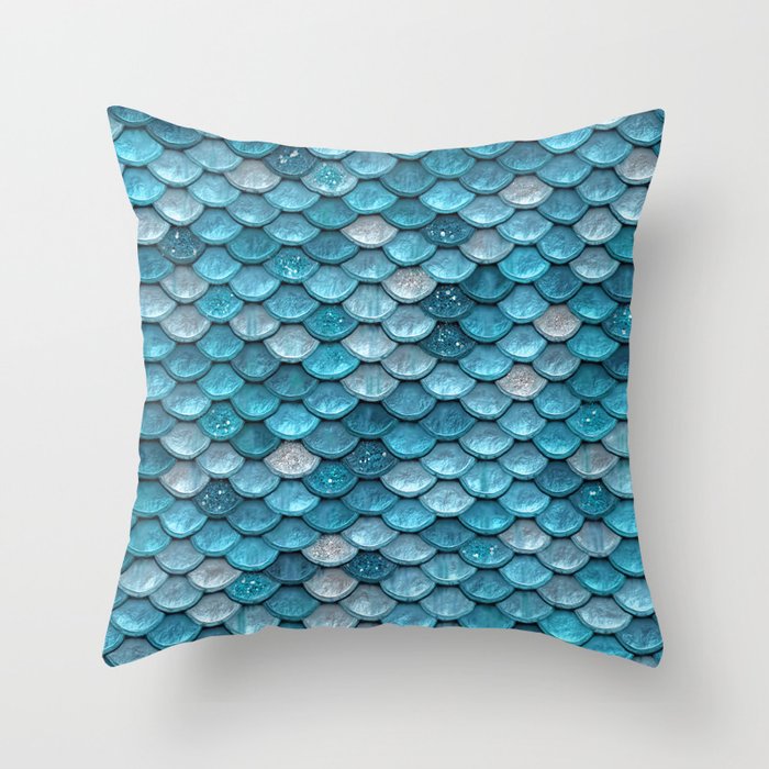 Luxury Turquoise Mermaid Sparkling Glitter Scales - Mermaidscales Throw Pillow