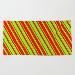 [ Thumbnail: Chartreuse & Red Colored Lines Pattern Beach Towel ]