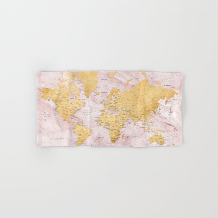 Adventure awaits, gold and pink marble detailed world map, "Sherry" Hand & Bath Towel