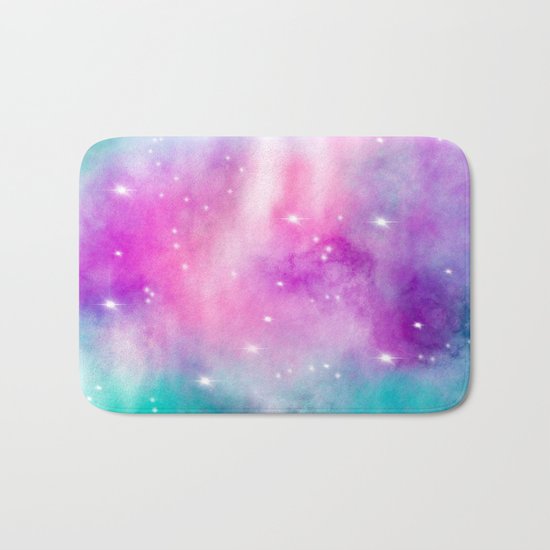 Trendy bright watercolor pastel nebula space hand painted Bath Mat