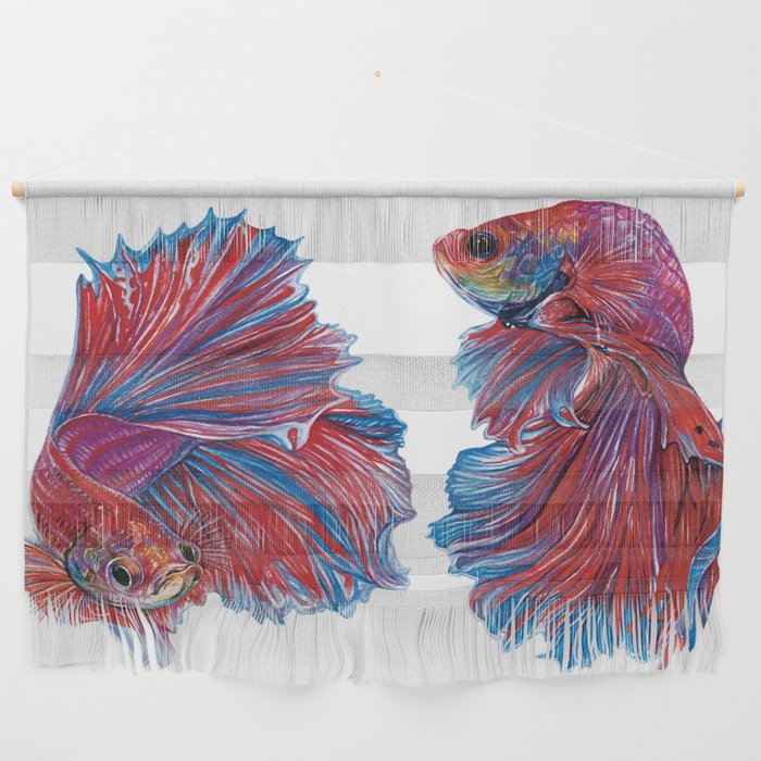 Ocean Theme- Red Blue Betta fish Watercolor Painting Wall Hanging