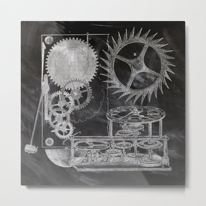 black and white vintage patent print chalkboard steampunk clock gear Metal Print