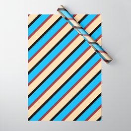 [ Thumbnail: Tan, Black, Deep Sky Blue & Brown Colored Striped Pattern Wrapping Paper ]