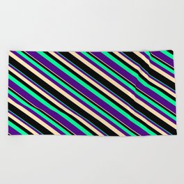 [ Thumbnail: Green, Indigo, Beige, and Black Colored Striped Pattern Beach Towel ]