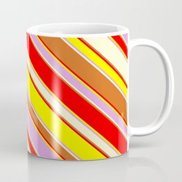 [ Thumbnail: Eyecatching Red, Yellow, Plum, Light Yellow & Chocolate Colored Stripes Pattern Coffee Mug ]