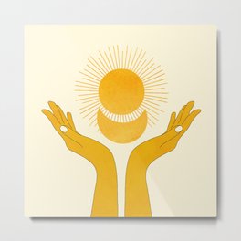 Holding the Light Metal Print | Illustration, Space, Fingers, Universe, Moon, Planet, Hands, Curated, Star, Minimalist 
