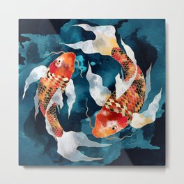 Metallic Koi II Metal Print | Blue, Bohemian, Water, Fish, Black, Nature, Aquatic, Red, Digital, Navy 
