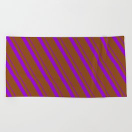 [ Thumbnail: Dark Violet and Brown Colored Striped/Lined Pattern Beach Towel ]