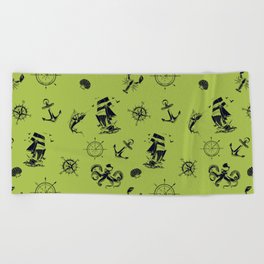 Light Green And Blue Silhouettes Of Vintage Nautical Pattern Beach Towel