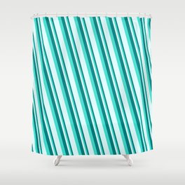 [ Thumbnail: Teal, Turquoise, and Light Cyan Colored Stripes Pattern Shower Curtain ]