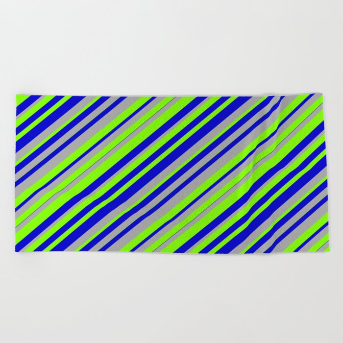 Chartreuse, Blue, and Dark Gray Colored Lined Pattern Beach Towel