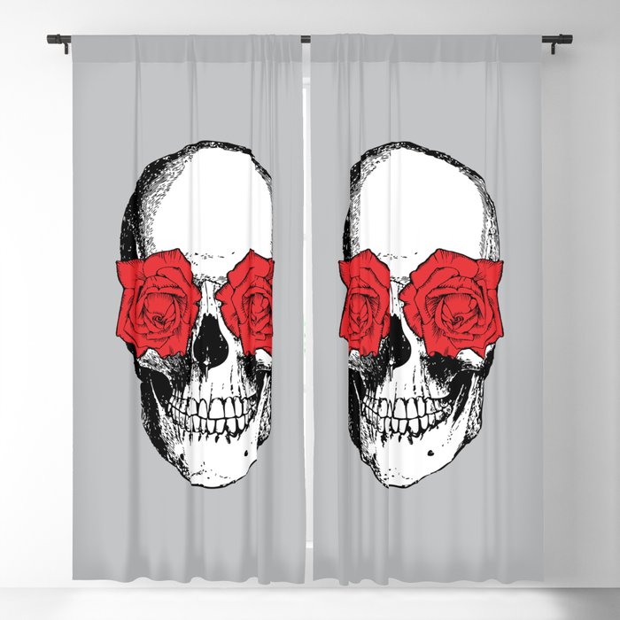 Skull and Roses | Skull and Flowers | Vintage Skull | Grey and Red | Blackout Curtain