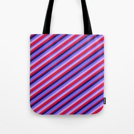 [ Thumbnail: Midnight Blue, Medium Slate Blue, Plum & Crimson Colored Stripes/Lines Pattern Tote Bag ]