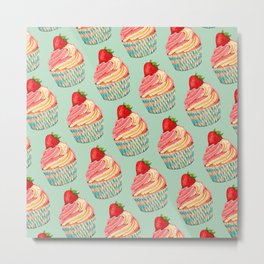 Strawberry Cupcake Pattern Metal Print | Retro, Pattern, Cake, Pink, Vintage, Cupcake, Pop Art, Kitschy, Painting, Strawberry 