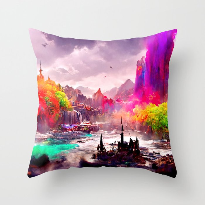 Medieval Town in a Fantasy Colorful World Throw Pillow