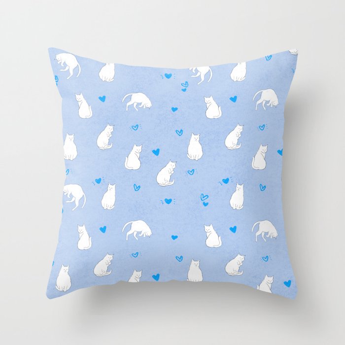 White Cats With Blue Hearts Pattern/Light Blue Background Throw Pillow