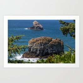 Rocks on Oregon Coast Beach Through Trees Art Print