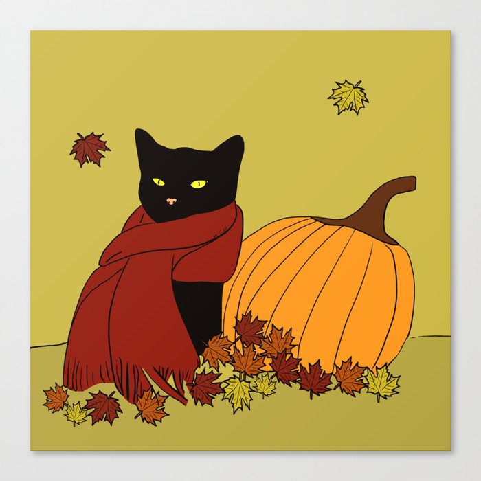 Cascade The Black Cat In Red Scarf With Pumpkin - Fall Canvas Print | Drawing, Black-cat-fall, Black-cat-fall-decor, Cat-fall-decor, Cat-with-pumpkin, Cat-and-pumpkin, Cat-with-scarf, Cat-with-red-scarf, Melinda-todd, Porch-fall-decor