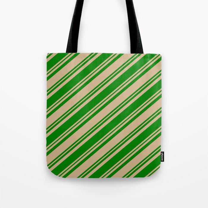 Tan and Green Colored Lined Pattern Tote Bag