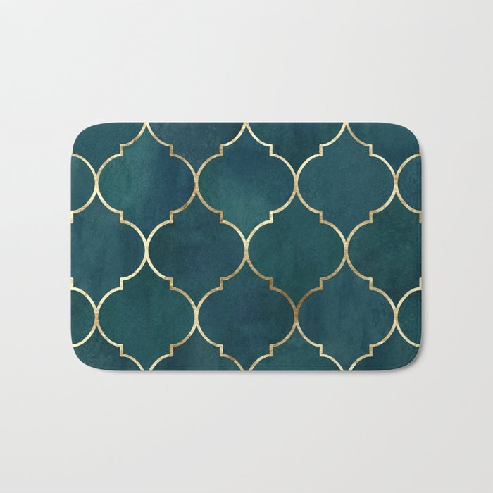 Emerald Golden Moroccan Quatrefoil Pattern II Bath Mat