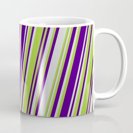 [ Thumbnail: Light Gray, Green & Indigo Colored Pattern of Stripes Coffee Mug ]