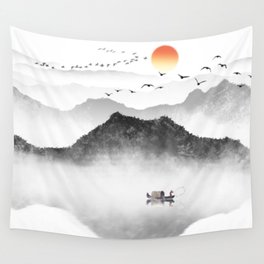 Japanese ink painting - Mountains By the Lake Wall Tapestry