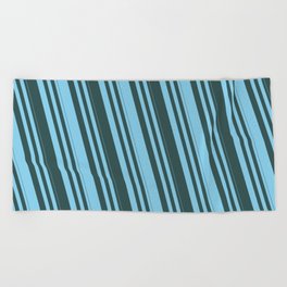 [ Thumbnail: Sky Blue and Dark Slate Gray Colored Lines Pattern Beach Towel ]