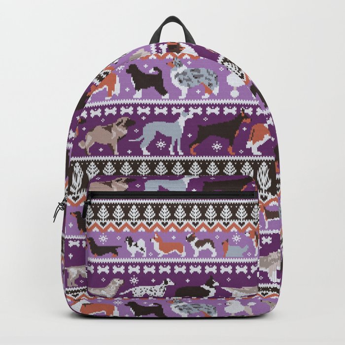 Fluffy and bright fair isle knitting doggie friends // seance purple and east side violet background brown orange white and grey dog breeds  Backpack