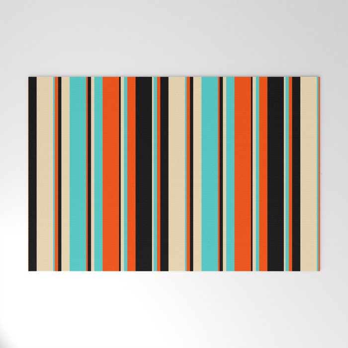 Red, Black, Tan & Turquoise Colored Lined/Striped Pattern Welcome Mat