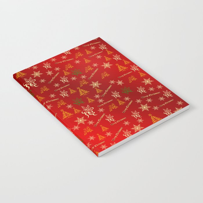 red Merry christmas text in gold, beautiful reindeer, green fir trees, bright stars festive, elegant Notebook